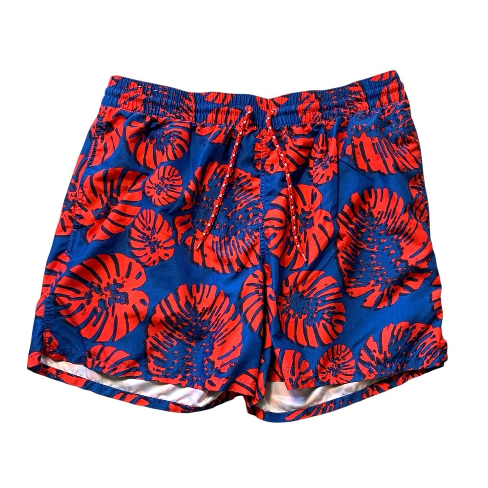 Merona Men's Drawstring Vibrant Blue and Red Leaf Patterned Swim Trunk Shorts